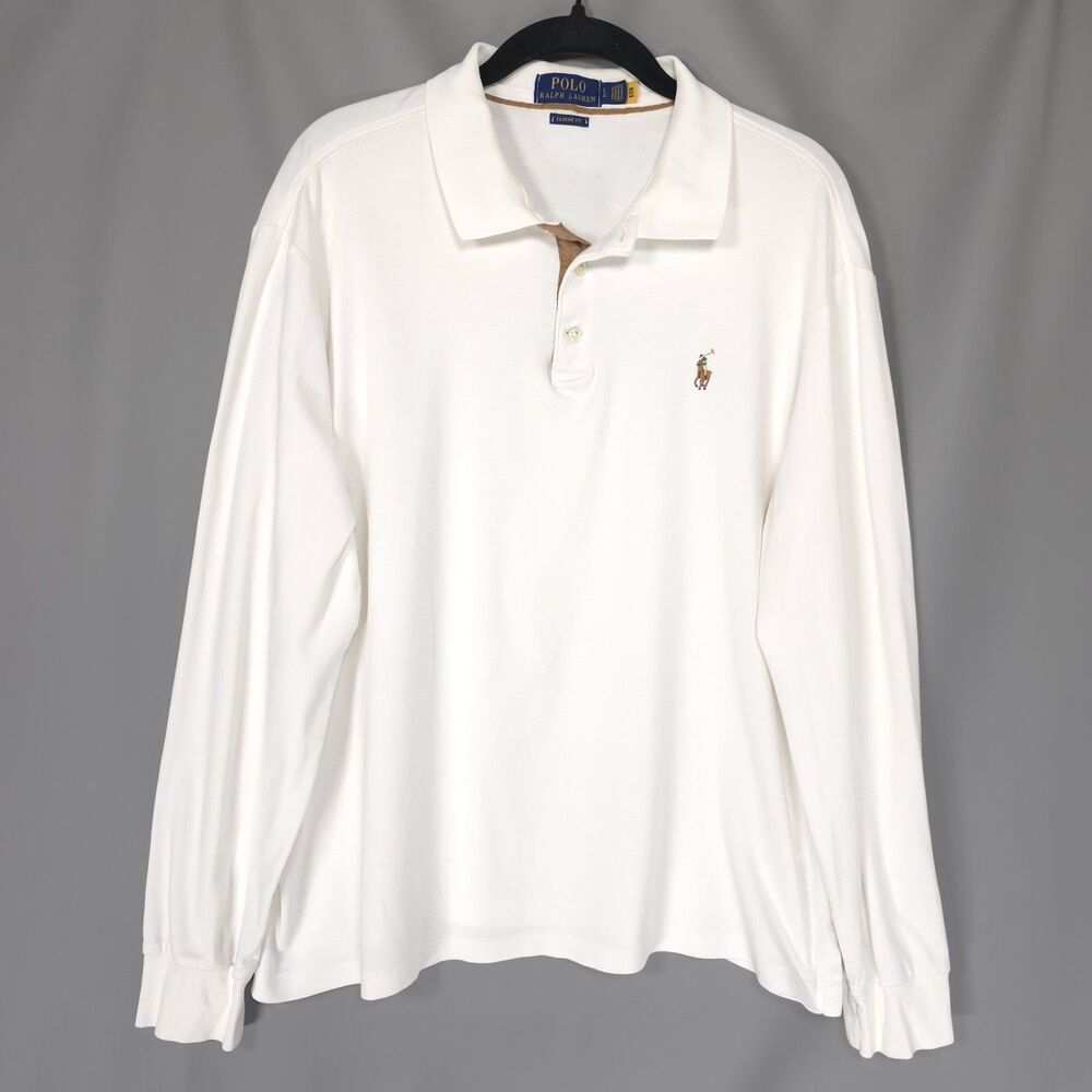 POLO RALPH LAUREN Men’s LARGE Soft Polo White Classic Fit Long Sleeve Pony Color